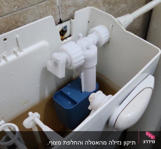 מיכל הדחה עם חלקים פנימיים וצינור